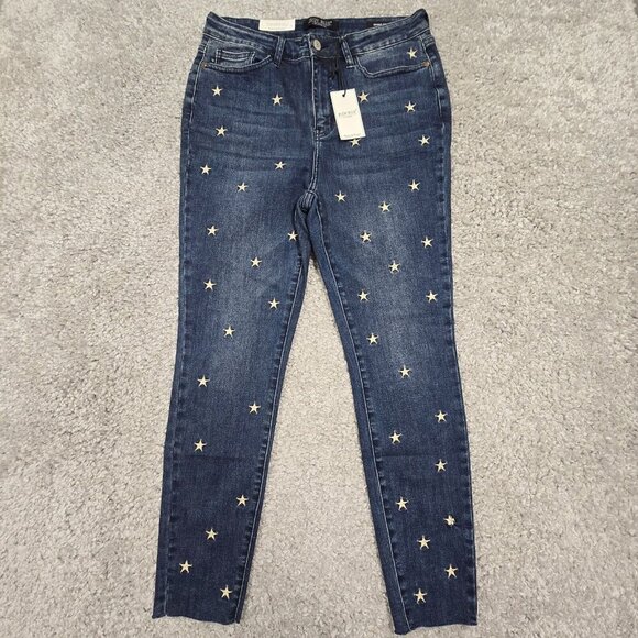 Judy Blue Jeans Womens 11/30 Blue Skinny Raw Hem Embroidered Star Stretch New - Picture 1 of 12